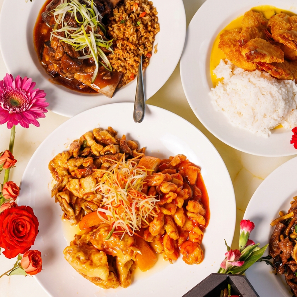 Overhead spread of Asian dishes including fried rice, shrimp with white rice, sweet-and-sour chicken, noodles with beef, and appetizers.
