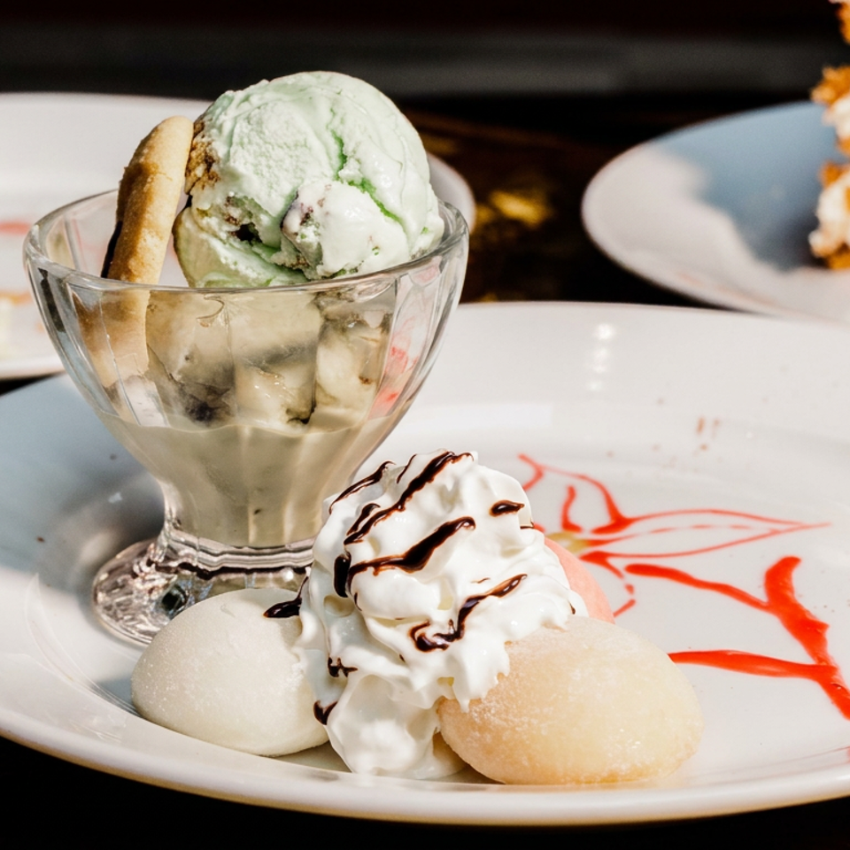 Dessert platter featuring whipped cream, chocolate drizzle, colorful sauces, an ice cream sundae, and layered cakes in the background.