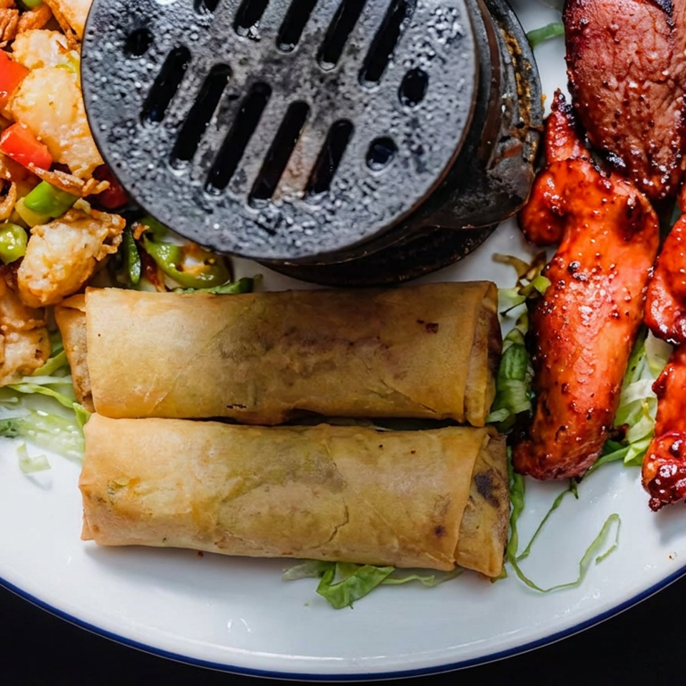 Plate of grilled kebabs, fried spring rolls, battered vegetables, and rice with peppers surrounding a small tabletop grill.