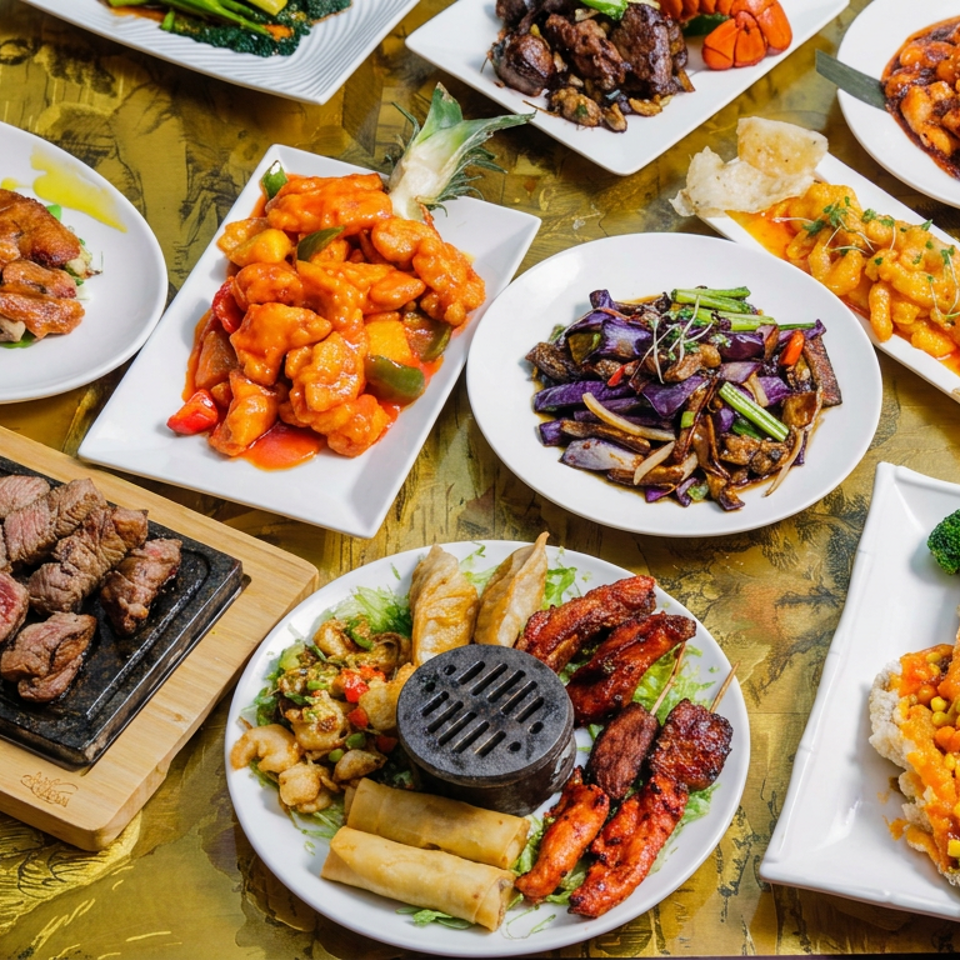 Overhead spread of Asian-inspired dishes, including grilled meats, orange-glazed shrimp, vegetables, spring rolls, and fried fish on a decorated table.