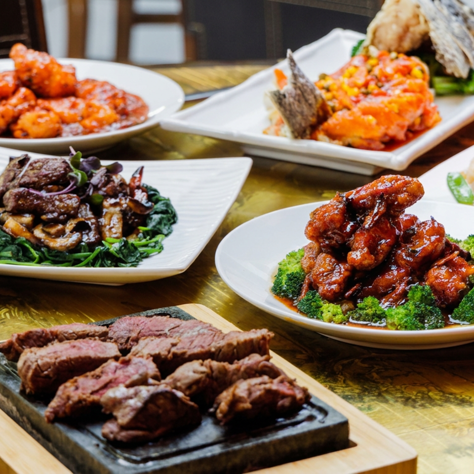 Assortment of Asian dishes, including glazed meat, beef with mushrooms, vegetables, fried seafood, and sliced steak, served on white plates.