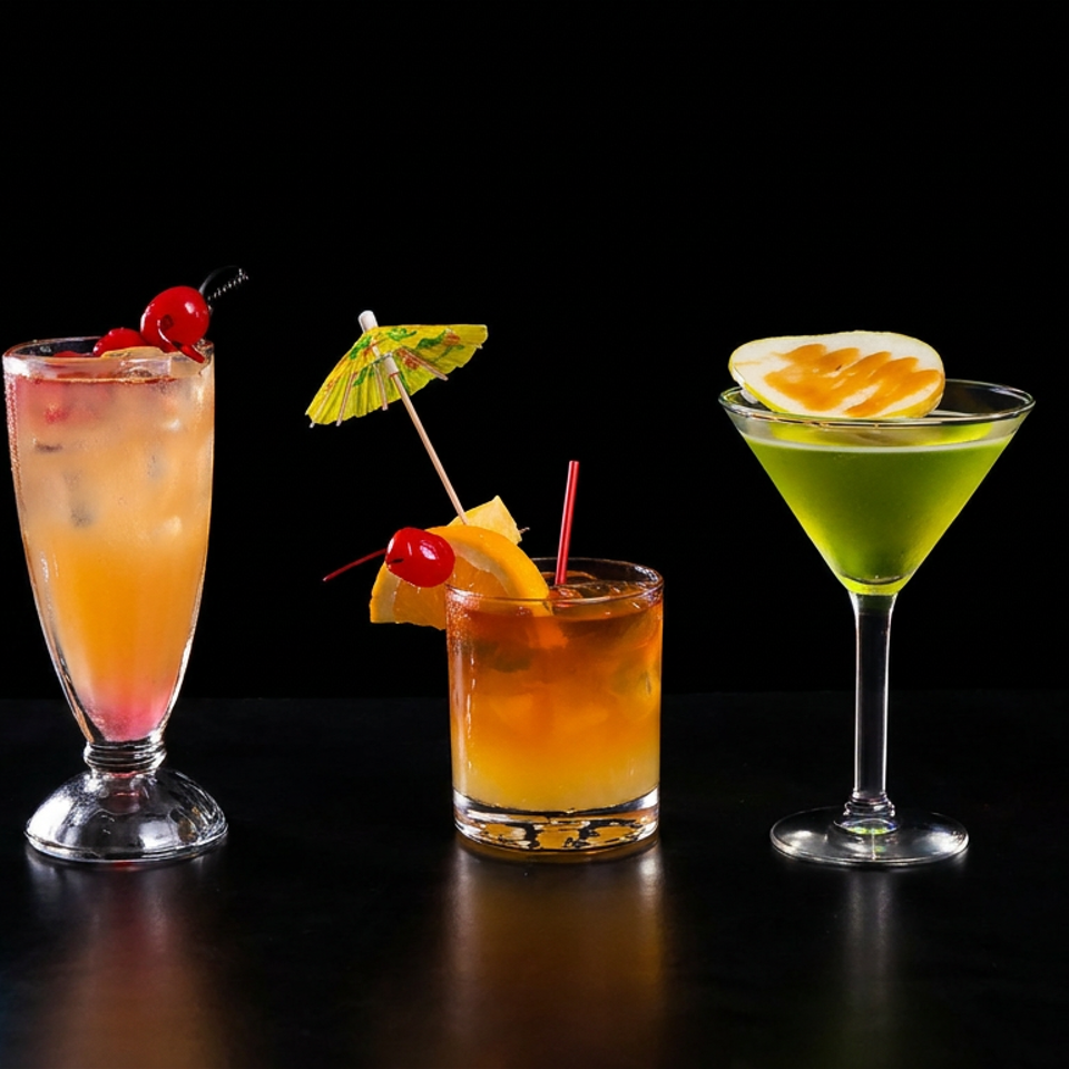 Five colorful cocktails garnished with citrus, cherries, mint, and a paper umbrella arranged on a dark reflective bar.