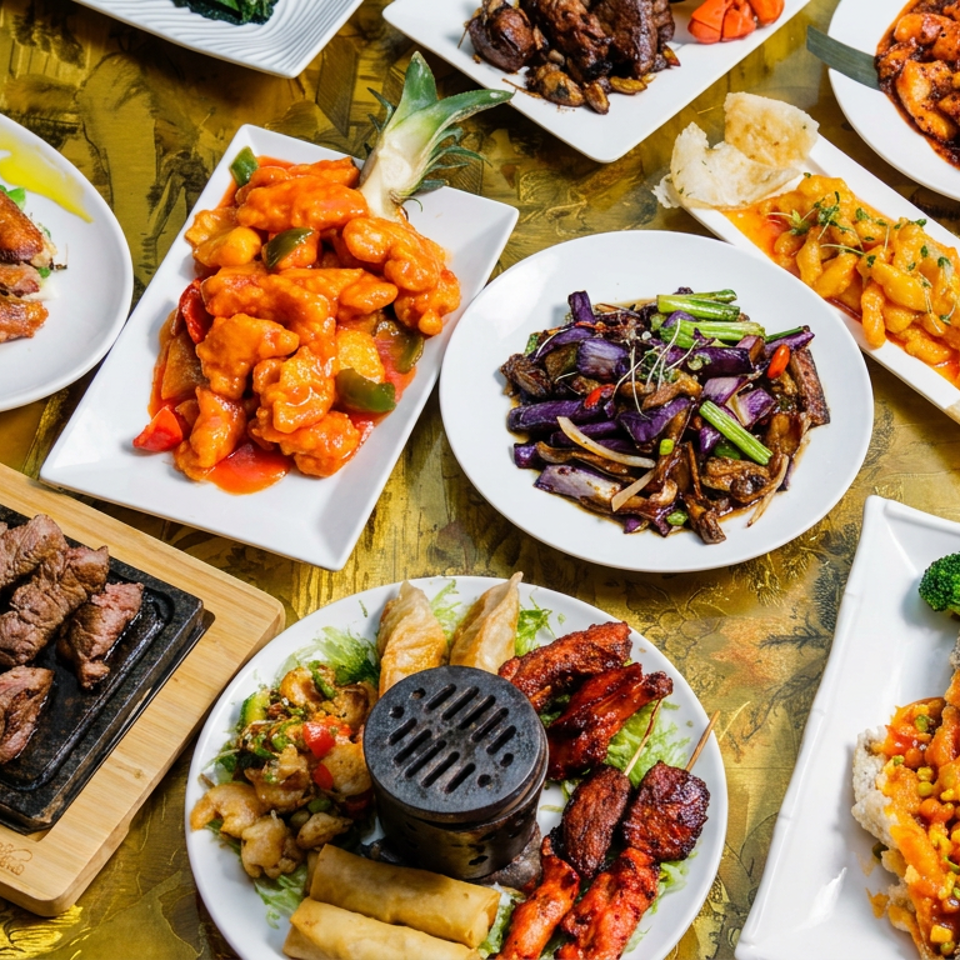 Overhead spread of colorful Asian dishes, including grilled meats, stir-fried vegetables, seafood, rice, and sauced entrées on white plates.